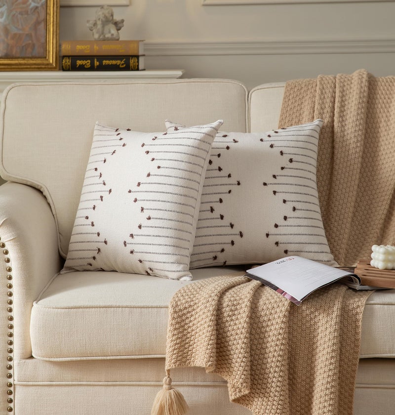 Caflife Boho Throw Pillow Covers 20x20 Set of 2 Decorative Pillows for Bed, Neutral Pillow Covers Beige with Coffee Line Throw Pillows for Modern Farmhouse Couch Sofa Living Room Outdoor - Image 2
